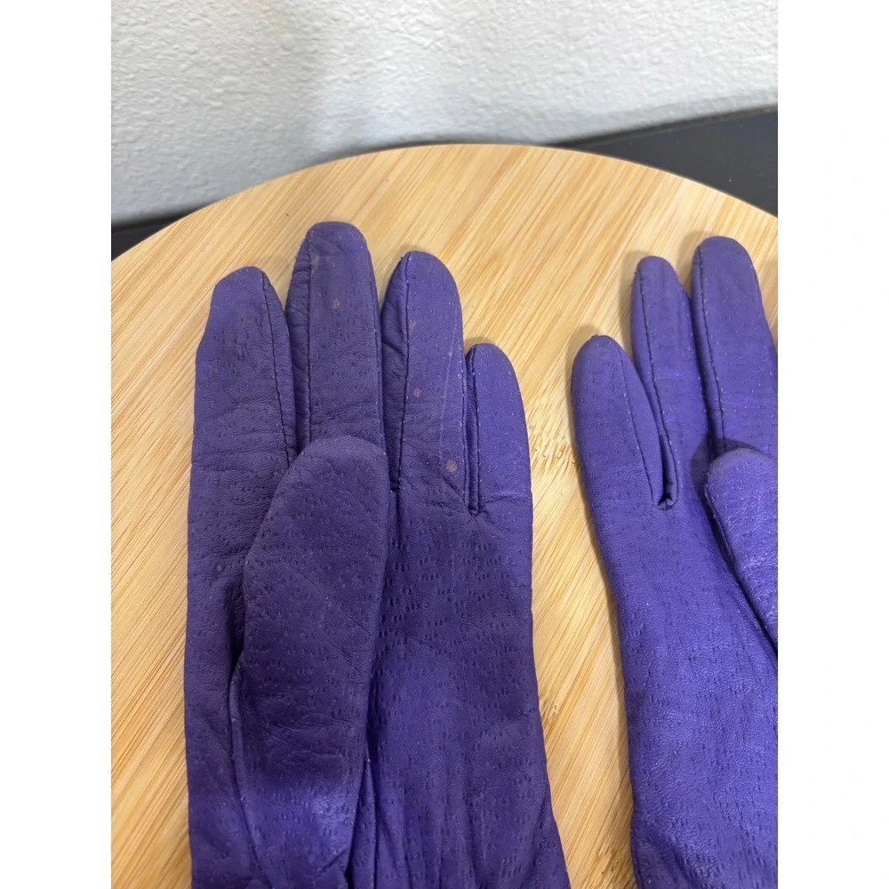 Fownes Gloves 6.5 Vintage Genuine Leather Purple Knit Lined Stitched Detail
